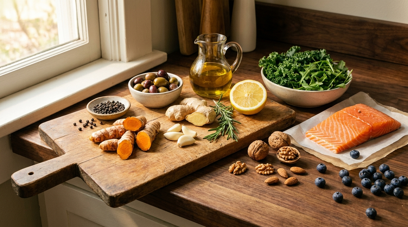 Anti-inflammatory food spread on walnut wood — fresh turmeric and ginger, garlic, rosemary, peppercorns, olives, olive oil, lemon, leafy greens, salmon, walnuts and blueberries. The food side of low-grade inflammation.