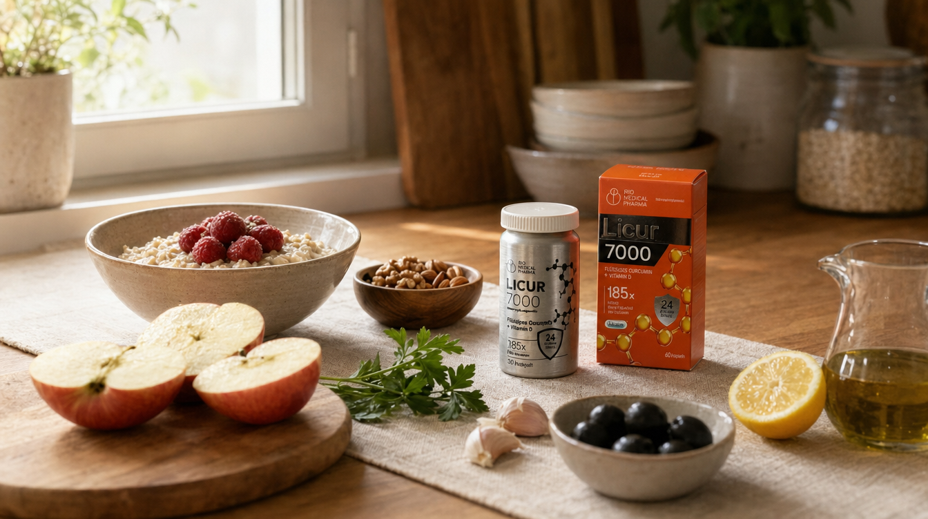 Heart-friendly Mediterranean breakfast — steel-cut oats with raspberries, halved apple, mixed nuts, garlic, olives, olive oil, lemon and a Bio Medical Pharma Licur 7000 cameo. Natural cholesterol support: food first.
