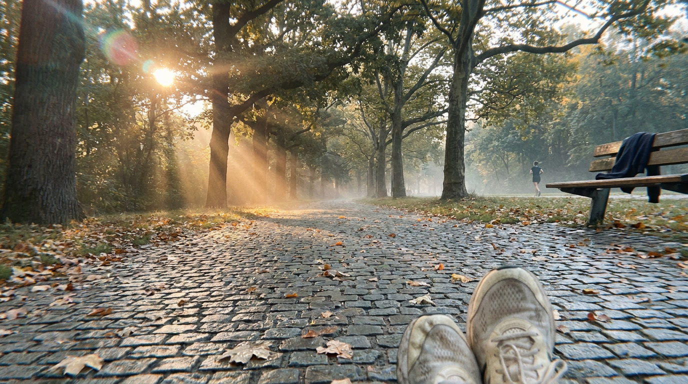 Morning park walk POV — wet cobblestone path, autumn leaves, mature trees, faint mist, golden sun shafts and worn running shoes about to step. Natural energy beyond caffeine.