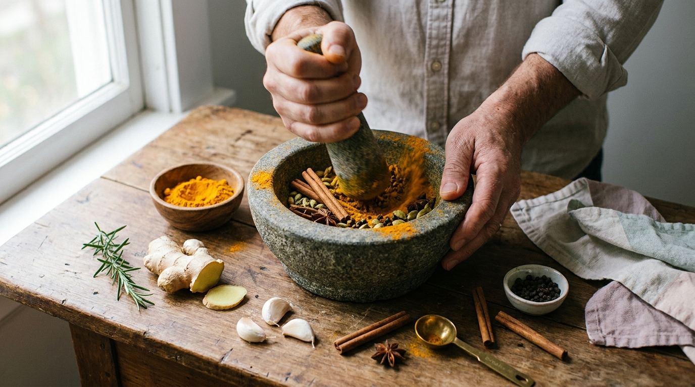 Hands grinding whole spices in a stone mortar on walnut wood — cinnamon stick, cardamom, star anise, peppercorns and turmeric dust in the air, surrounded by ginger, garlic, rosemary. The kitchen-craft side of spices that earn their place.