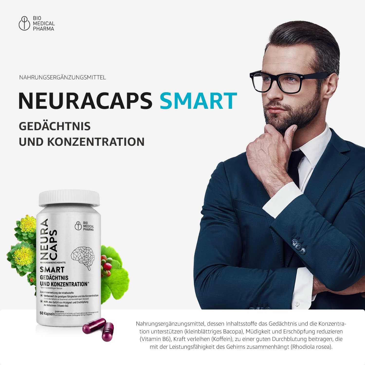 Bio Medical Pharma Caffeine, Ginkgo, Rhodiola, Avena Sativa & Brahmi – NeuraCaps Smart