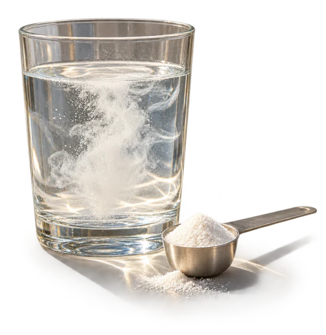 Symbolbild: ein Glas Wasser mit sich auflösendem Pulver und einem Messlöffel